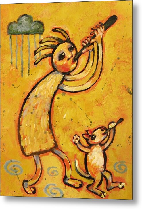 Kokopelli Metal Print featuring the painting Kokopelli with Musical Dog by Carol Suzanne Niebuhr