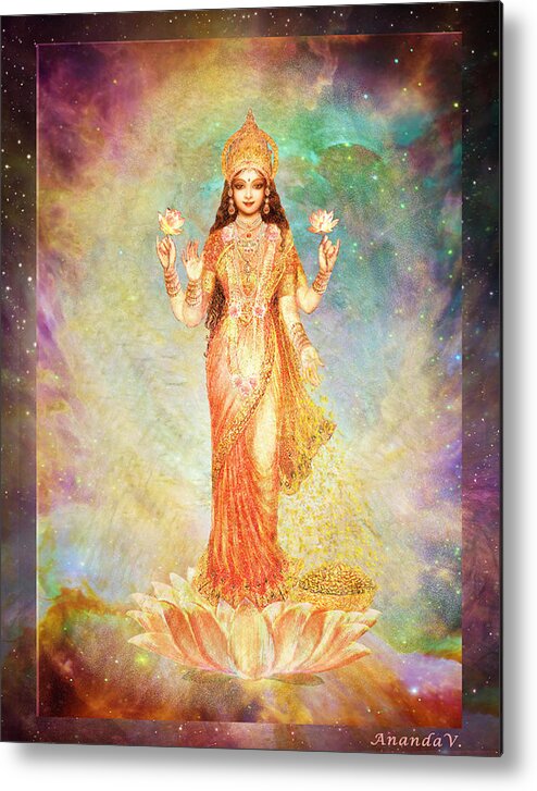 Goddess Painting Metal Print featuring the mixed media Lakshmi floating in a Galaxy by Ananda Vdovic
