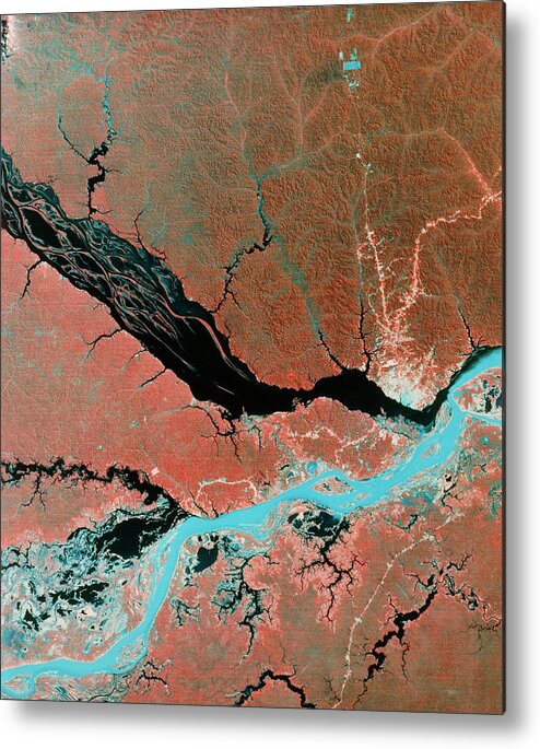 Landsat Imagery Metal Print featuring the photograph Landsat Image Of Confluence Of Amazon & Rio Negro by Mda Information Systems/science Photo Library