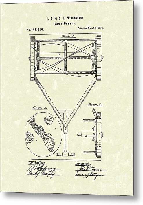 Sturgeon Metal Print featuring the drawing Lawn Mower 1874 Patent Art by Prior Art Design