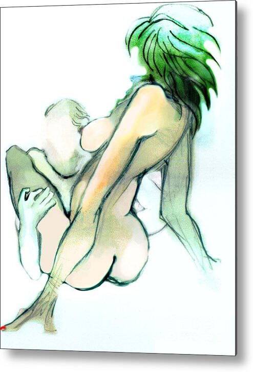 Nude Couple Metal Print featuring the mixed media Lola Delicious - nude couple by Carolyn Weltman