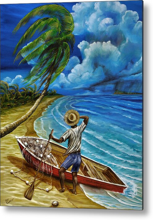 Fisherman Metal Print featuring the painting Lonely Fisherman by Steve Ozment