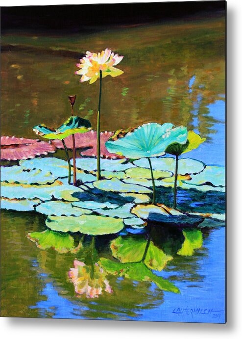 Lotus Metal Print featuring the painting Lotus Above the Lily Pads by John Lautermilch