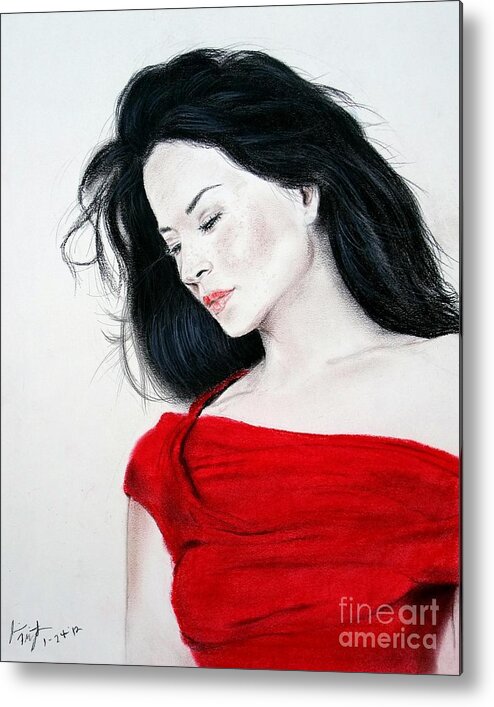 Drawing Metal Print featuring the mixed media Lucy Liu the Lady in Red by Jim Fitzpatrick