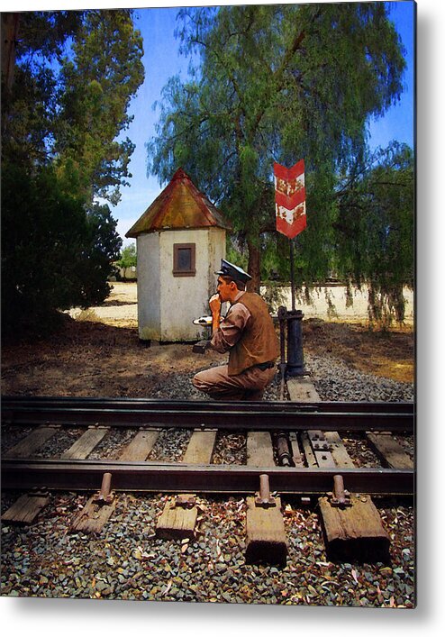 Railroad Metal Print featuring the photograph Lunch at the Switch House by Timothy Bulone