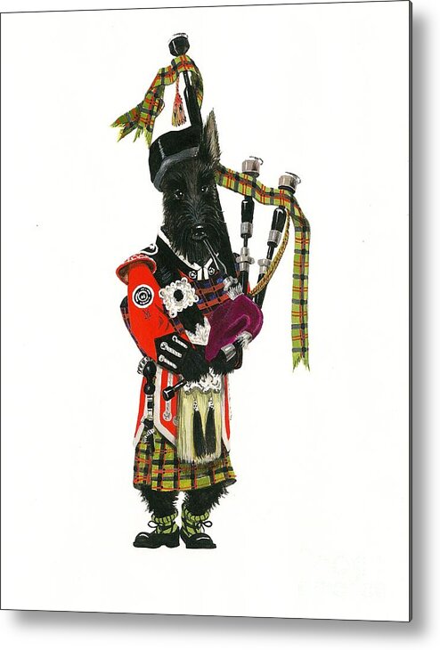 Scottish Terrier Metal Print featuring the painting MacDuff and the Pipes by Margaryta Yermolayeva
