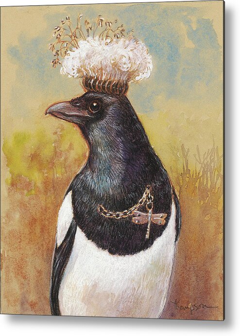 Bird Metal Print featuring the mixed media Magpie in a Milkweed Crown by Tracie Thompson