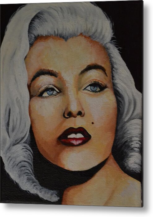 An Impressionist Style Portrait Of Marilyn Monroe With A Black Background. She Has Red Lipstick And White Hair. This Is A Portrait Of Marilyn In Her Younger Years. .  Metal Print featuring the painting Marilyn Monroe 2 by Martin Schmidt