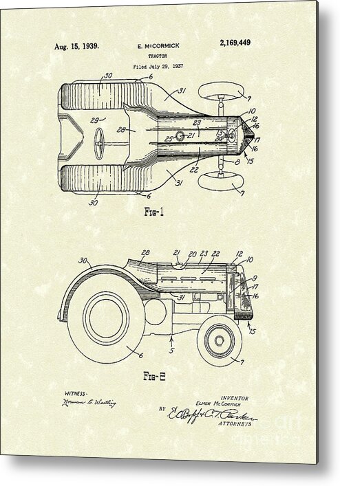 Mccormick Metal Print featuring the drawing McCormick Tractor 1939 Patent Art by Prior Art Design