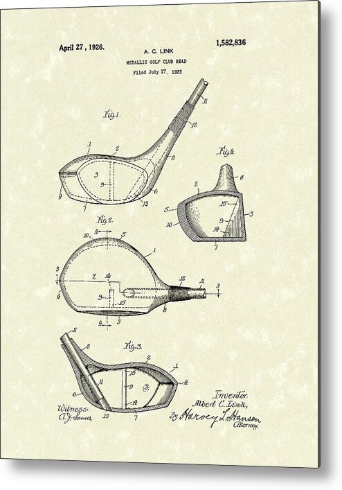 Link Metal Print featuring the drawing Metallic Golf Club Head 1926 Patent Art by Prior Art Design