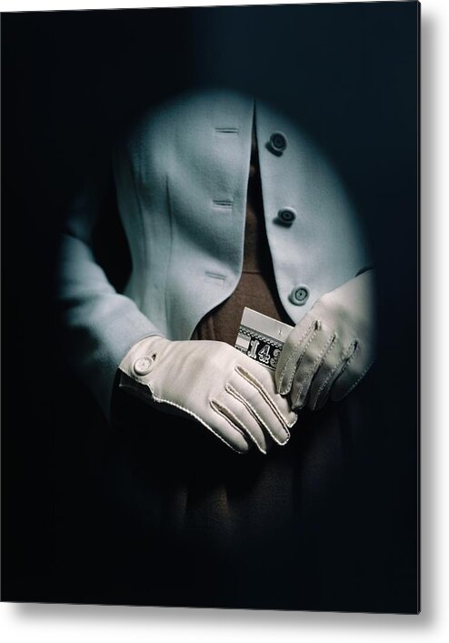 Fashion Metal Print featuring the photograph Midsection Of A Woman Wearing White Gloves by Frances McLaughlin-Gill
