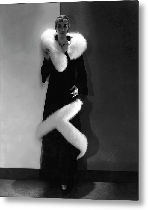 Fashion Metal Print featuring the photograph Model Wearing A Black Coat With Fur Trim by Edward Steichen