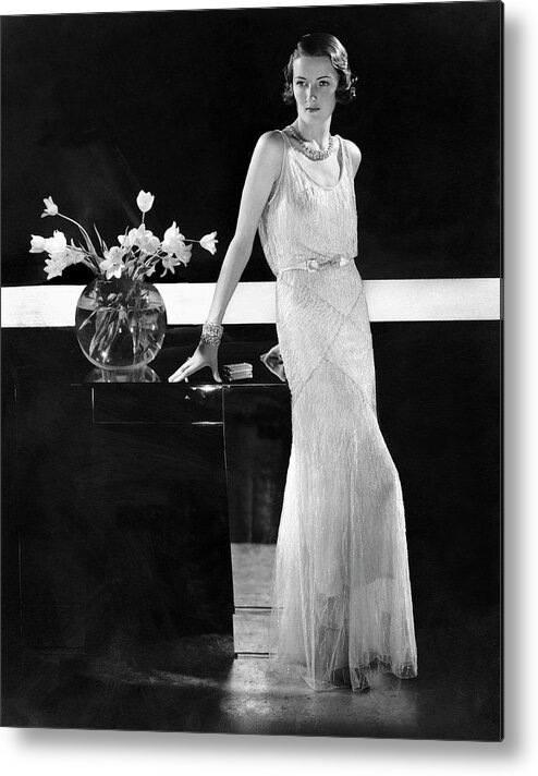 Fashion Metal Print featuring the photograph Model Wearing Beaded Dress by Edward Steichen