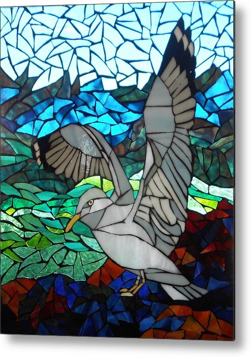 Mosaic Metal Print featuring the glass art Mosaic Stained Glass - Blue Rocks by Catherine Van Der Woerd