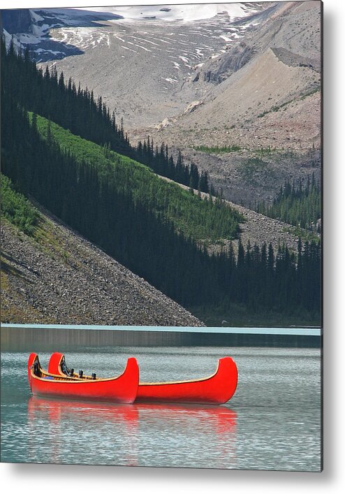 Red Metal Print featuring the photograph Mountain Canoes by Marcia Socolik