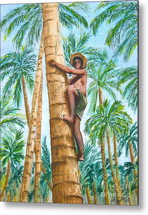 Palm Trees Metal Print featuring the painting Native Climbing Palm Tree by Val Miller