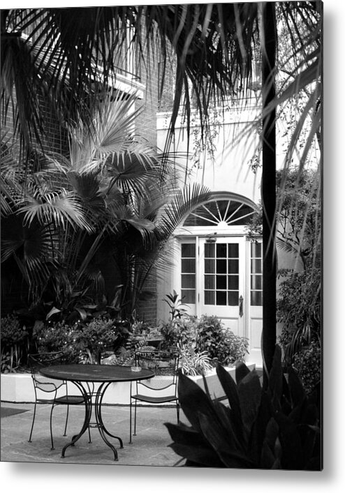 New Orleans Metal Print featuring the photograph New Orleans Courtyard in Black and White by Greg and Chrystal Mimbs
