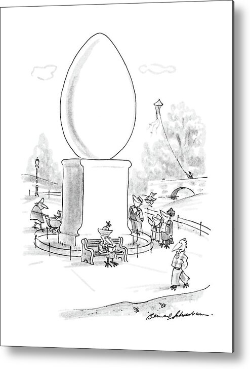 No Caption
Egg Statue: Costumed Bird Walk Past Pedestal In Park With Giant Egg. 
No Caption
Egg Statue: Costumed Bird Walk Past Pedestal In Park With Giant Egg. 
Statue Metal Print featuring the drawing New Yorker August 15th, 1988 by Bernard Schoenbaum