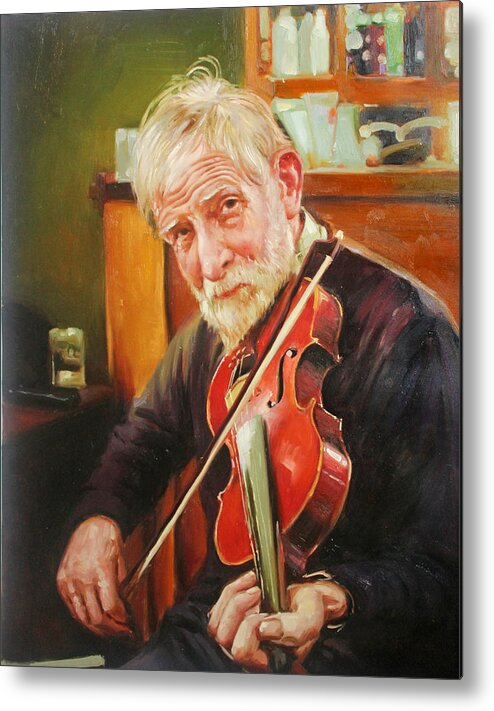 Irish Music Metal Print featuring the painting Old Man and Fiddle by Conor McGuire