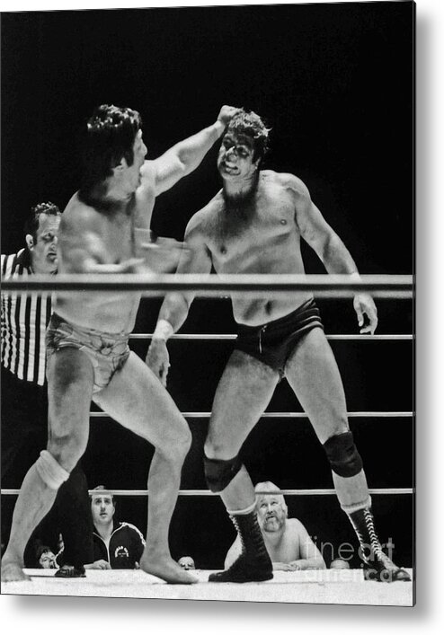 Old School Wrestling Metal Print featuring the photograph Old School Wrestlers Dean Ho and Don Muraco Battling it out in the Middle of the Ring by Jim Fitzpatrick