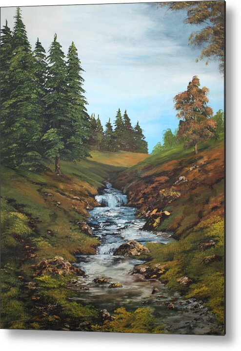 Conifers Metal Print featuring the painting On the edge of the Forest by Jean Walker
