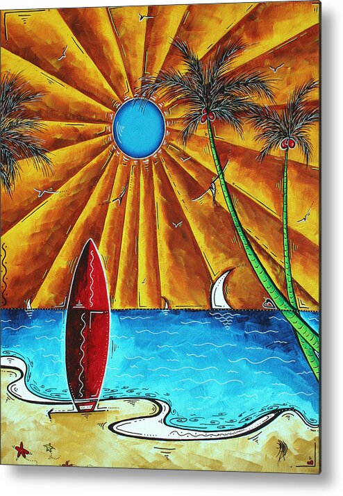 Abstract Metal Print featuring the painting Original Tropical Surfing Whimsical Fun Painting WAITING FOR THE SURF by MADART by Megan Aroon