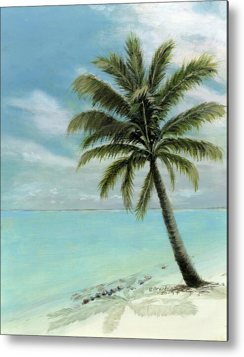 Original Oil On Canvas Cecilia Brendel Palm Tree Ocean Scene Turquoise Waters Cabos Bahamas Florida Keys Hawaii Turks And Caicos Clear Blue Sky Tranquil White Sand Beach Italy Italian Metal Print featuring the painting Palm Tree Study by Cecilia Brendel