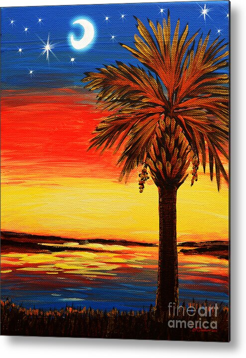 Palmetto Tree With Moon Metal Print featuring the painting Palmetto Moon And Stars by Pat Davidson