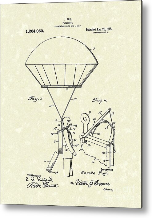 Fuji Metal Print featuring the drawing Parachute 1918 Patent Art by Prior Art Design