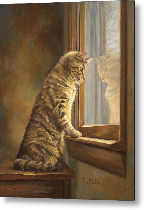 Cat Metal Print featuring the painting Peering Out The Window by Lucie Bilodeau
