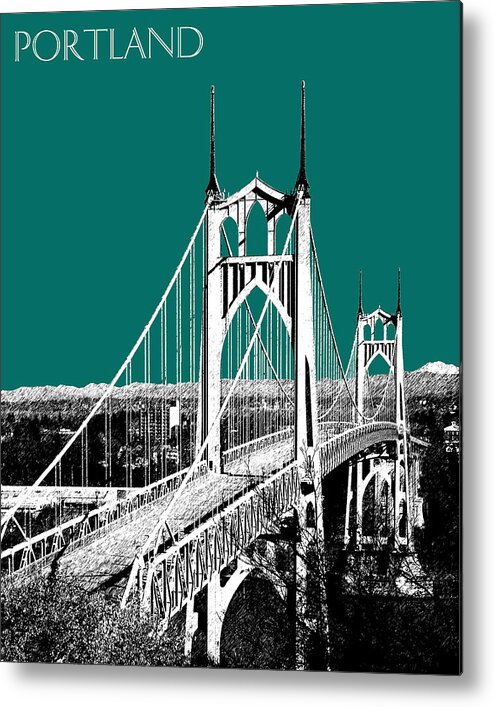 Architecture Metal Print featuring the digital art Portland Skyline St. Johns Bridge - Sea Green by DB Artist