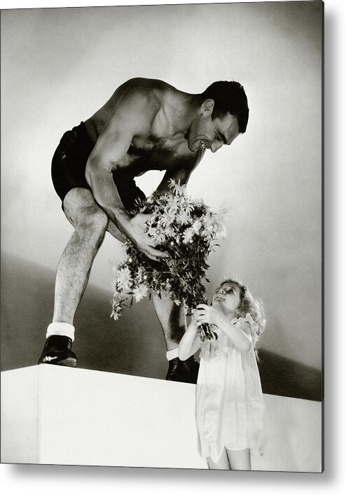 Children Metal Print featuring the photograph Primo Carnera Receiving Flowers From A Little by Edward Steichen