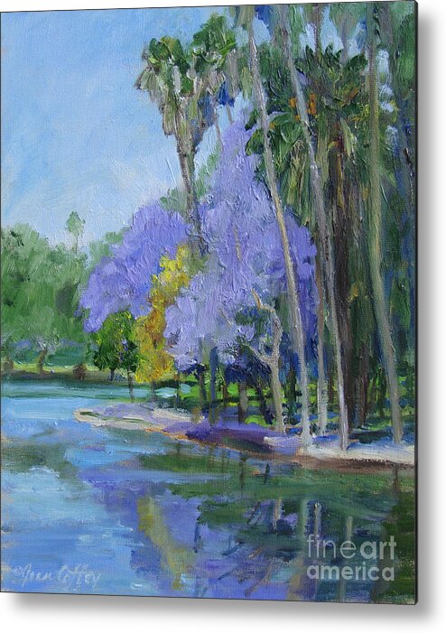 Landscape Metal Print featuring the painting Purple And Yellow Blossoms by Joan Coffey