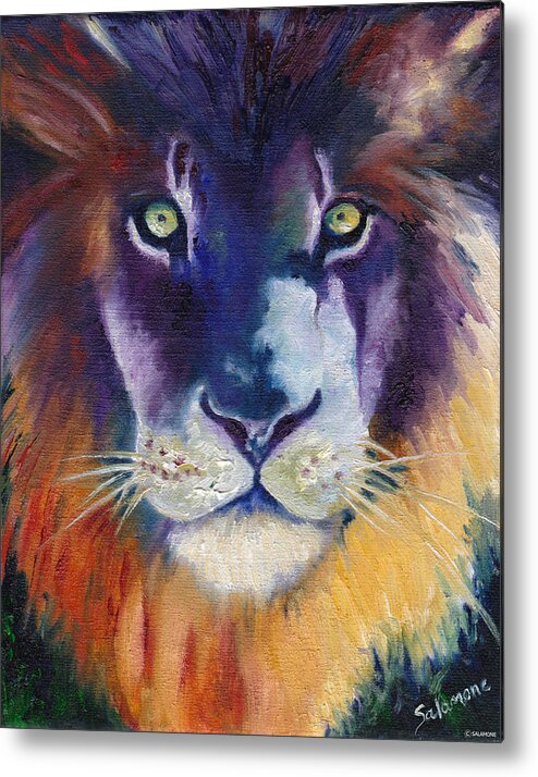 Lion Royalty Majestic King Purple Colorful Africa Leo Wildlife Animals Eyes Metal Print featuring the painting Purple Majesty by Brenda Salamone