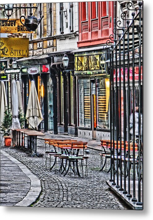 Sidewalk Cafe Metal Print featuring the digital art Quiet Street in Ljubljana by Greg Matchick