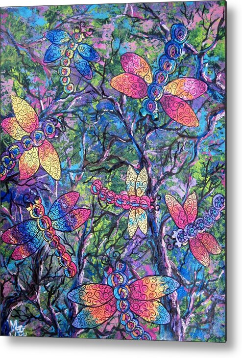 Dragon Flies Metal Print featuring the painting Rainbow dragons by Megan Walsh