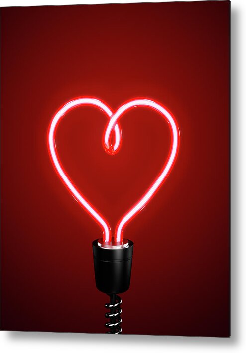 Black Background Metal Print featuring the photograph Red Heart Shaped Energy Saving Lightbulb by Atomic Imagery