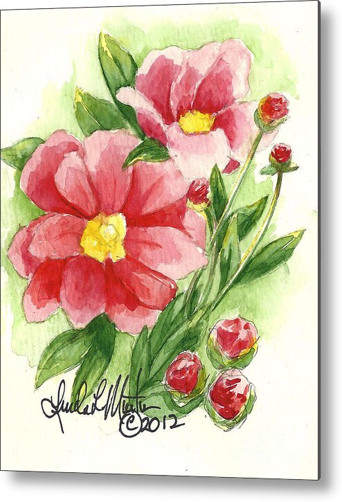 Watercolor Metal Print featuring the painting Red Peony by Linda L Martin