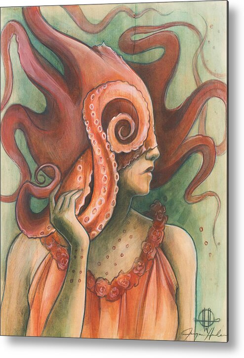 Red Octopus Costume Metal Print featuring the painting Red Sash Headdress by Jacqueline Hudson