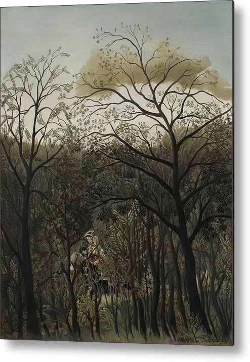 Meeting; Lovers; Naive; Kissing; Tryst; Rendez;vous Metal Print featuring the painting Rendezvous in the Forest by Henri J F Rousseau