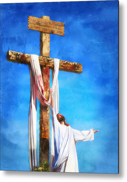 Almighty; Belief; Believe; Bible; Catholic; Christ; Christian; Christianity; Church; Cross; Crucifix; Crucifixion; Death; Divine; Easter; Faith; God; Good; Holiness; Holy; Hope; Inri; Jesus; Peace; Pray; Prayer; Protestant; Religion; Religious; Resur Metal Print featuring the digital art Risen by Frances Miller