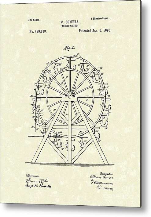 Somers Metal Print featuring the drawing Roundabout 1893 Patent Art by Prior Art Design