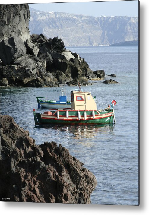 Santorini Fishing Boats Rocks Caldera Greek Islands Aegean Sea Seascape Metal Print featuring the photograph Santorini Boats by Brenda Salamone