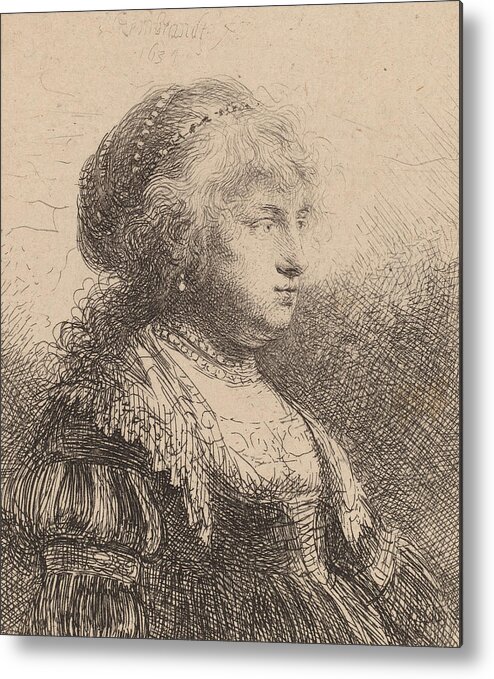 Rembrandt Metal Print featuring the drawing Saskia with Pearls in Her Hair by Rembrandt