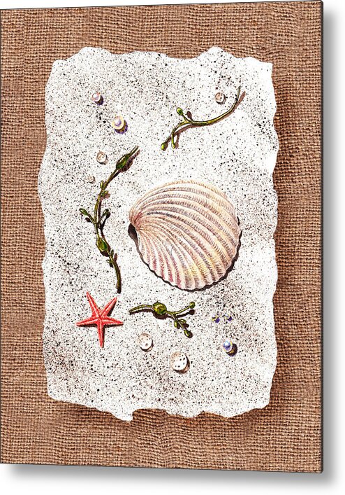 Seashell Metal Print featuring the painting Seashell With Pearls Sea Star And Seaweed by Irina Sztukowski