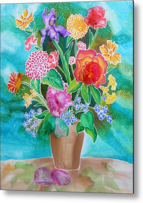 Silk Painting Metal Print featuring the painting Silk Teal Bouquet by Sandra Fox