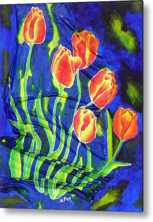 Hand Painted Silk Metal Print featuring the painting Silk Tulips by Sandra Fox