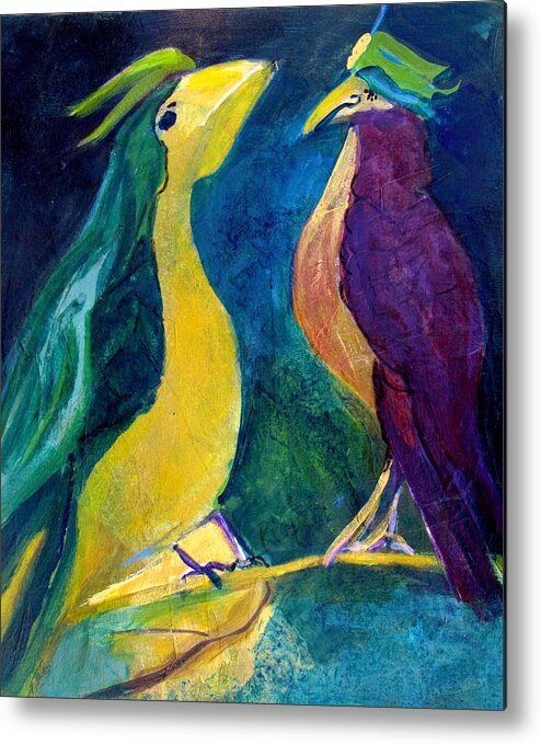 Two Birds In Green Feathered Hats Metal Print featuring the painting Smug Bird Gossip by Betty Pieper