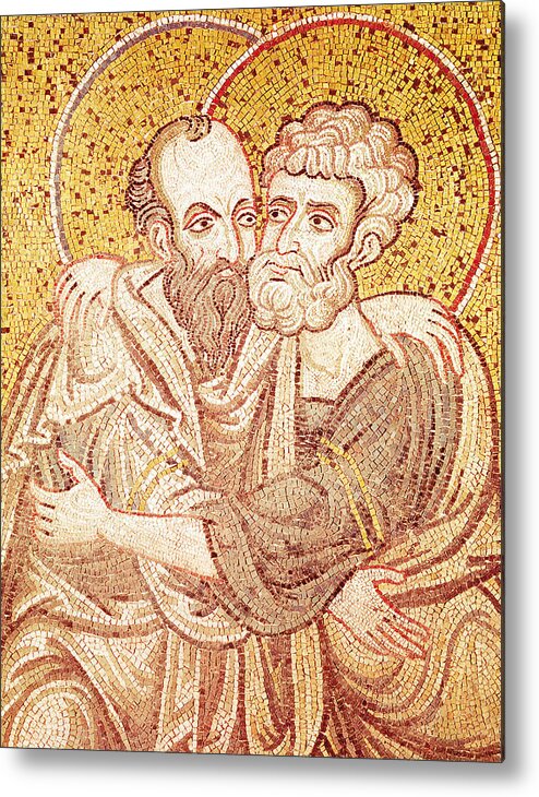 Male Metal Print featuring the tapestry - textile Saints Peter And Paul Embracing by Byzantine School