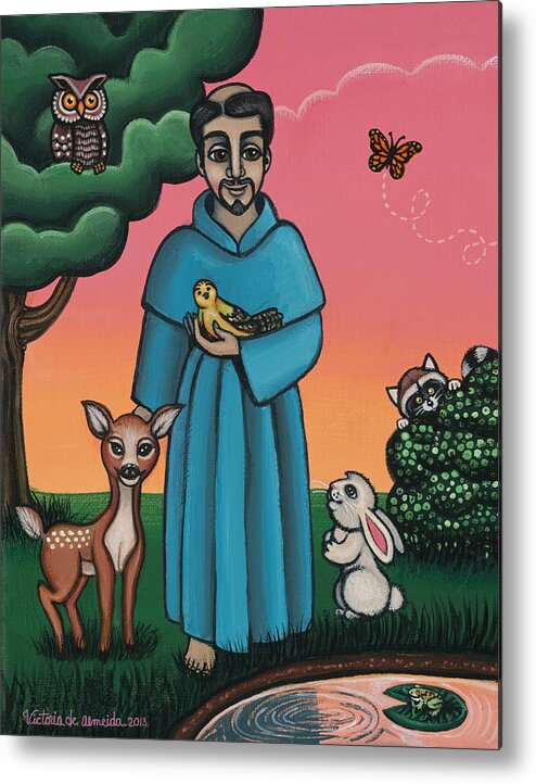 St. Francis Metal Print featuring the painting St. Francis Animal Saint by Victoria De Almeida